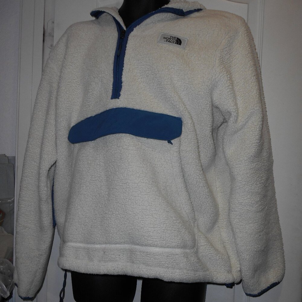 THE NORTH FACE SHERPA ZIPPER POCKET HOODIE PULLOVER JACKET BEIGE BLUE MENS XL